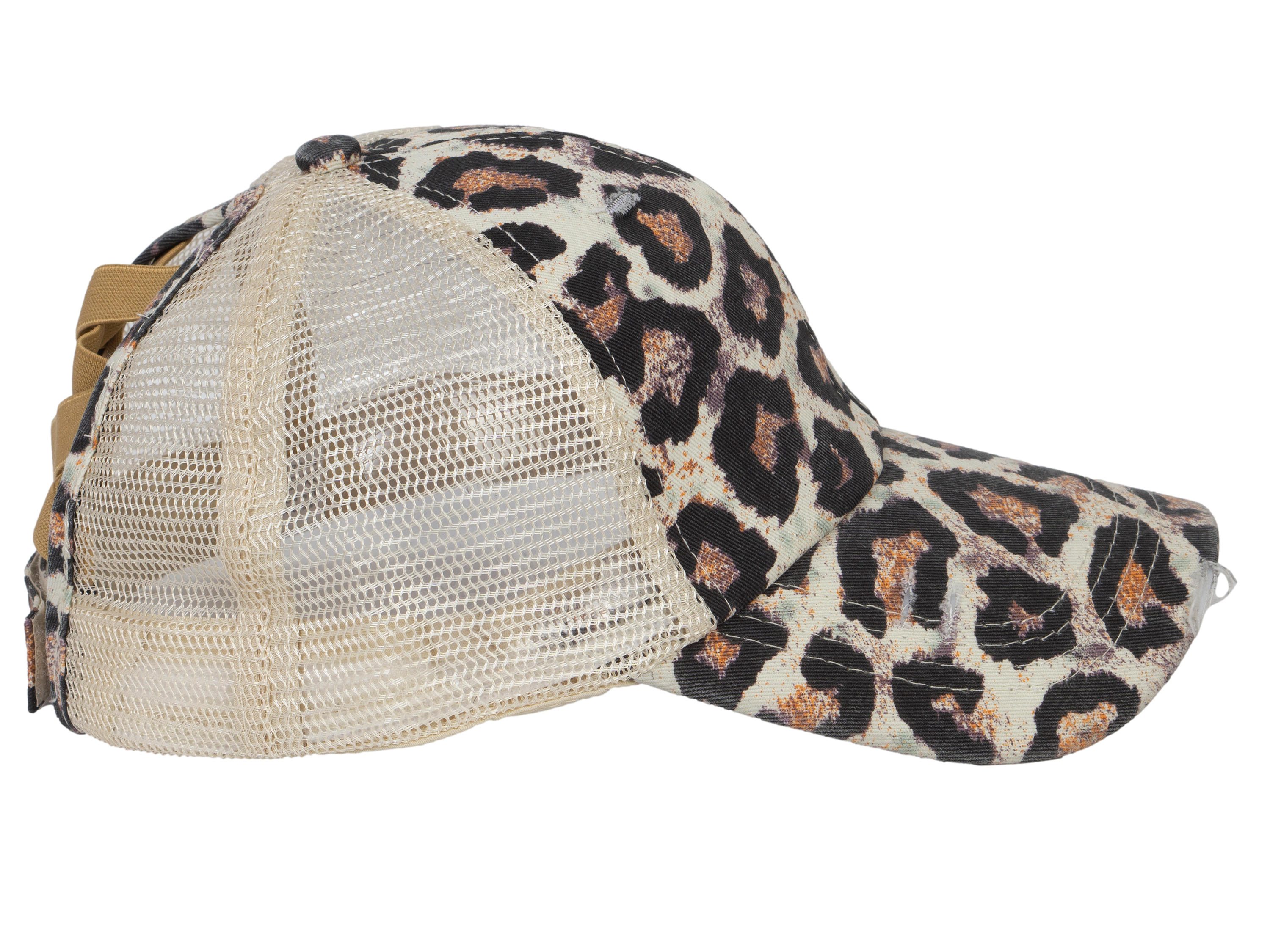 Top Headwear Fashion Leopard Cheetah Print Criss Cross Ponytail Trucker Hat